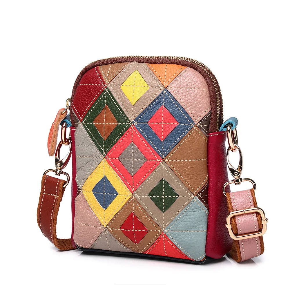 Femlion Patchwork Leather Crossbody Phone Bag for Women