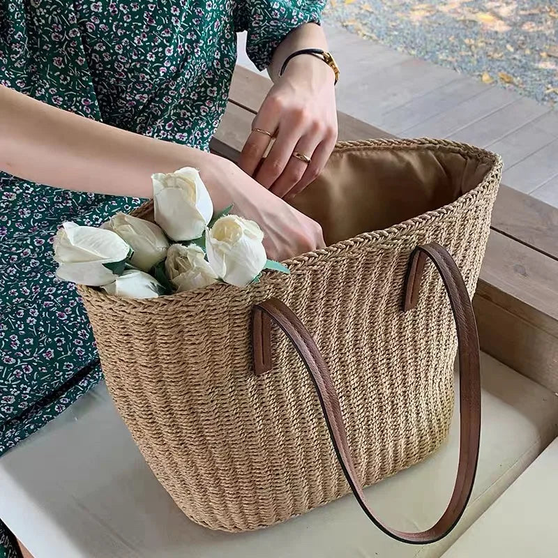 Femlion Straw Basket Bag: Handmade Woven Shoulder Tote for Summer Beach & Shopping