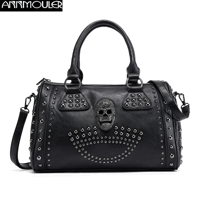 Femlion Skull Rivet Boston Bag Black Handbag Luxury Pu Leather Crossbody Tote