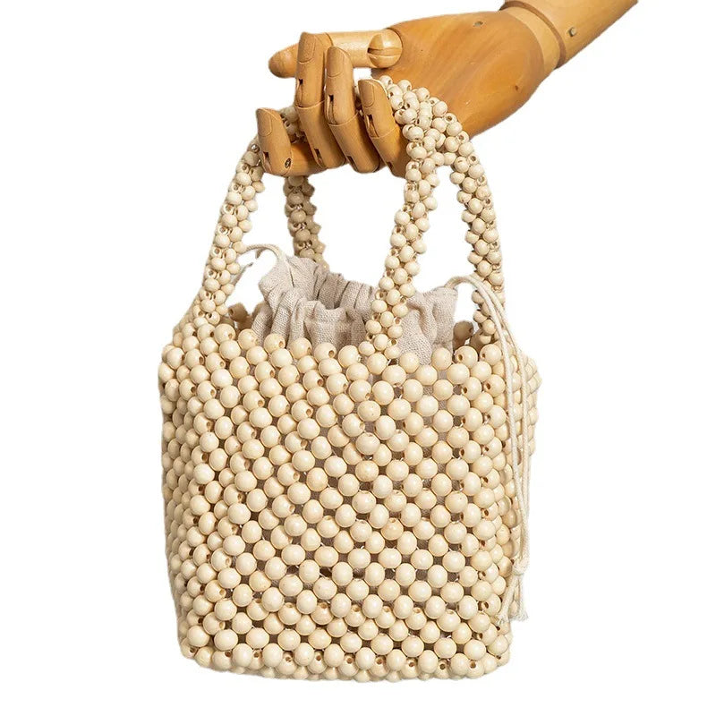 Femlion Wooden Bead Antique Style Woven Bucket Handbag