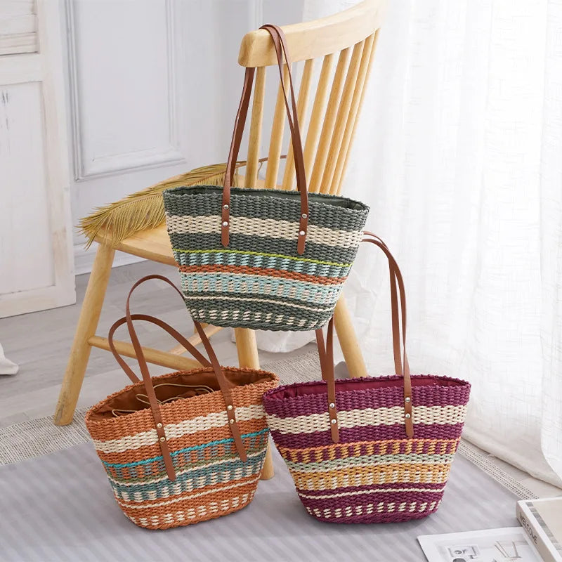 Femlion Striped Straw Bag with Soft Leather Handle Large Tote Basket