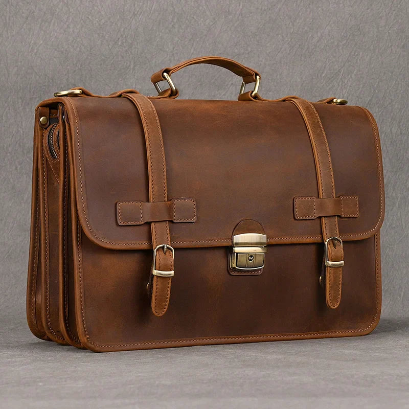 Femlion Brown Leather Briefcase for Men - Premium Genuine Leather Business Bag for Laptops