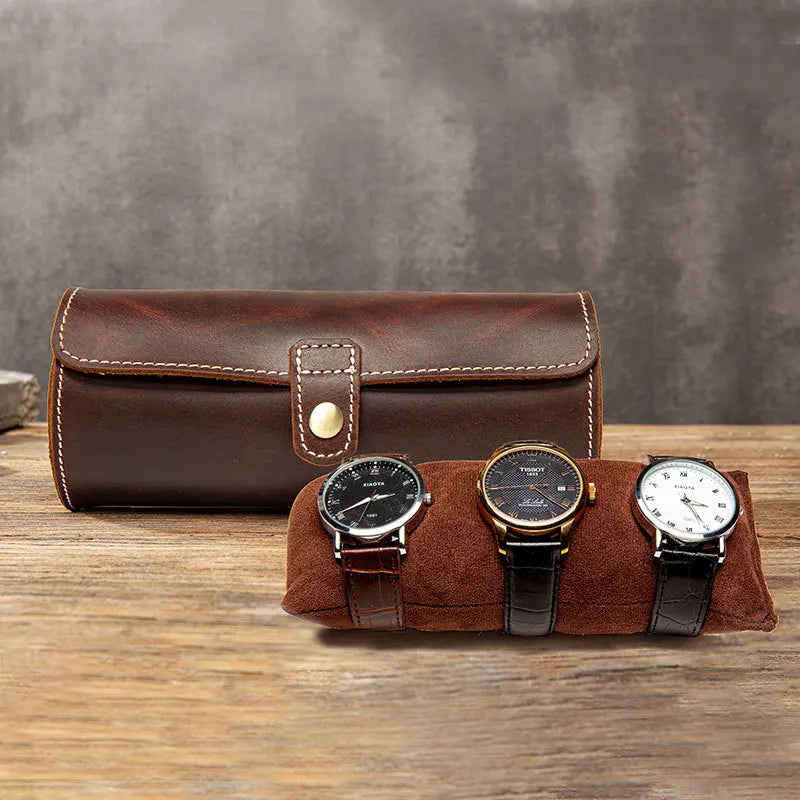 Femlion Leather Watch Case: Compact Round Buckle Storage Box for Couple Watches