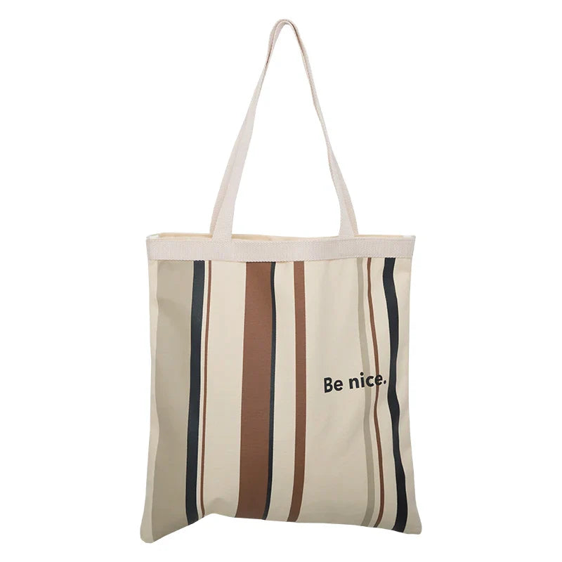 Femlion Striped Letters Canvas Tote Bag Eco-Friendly Shopping Handbag