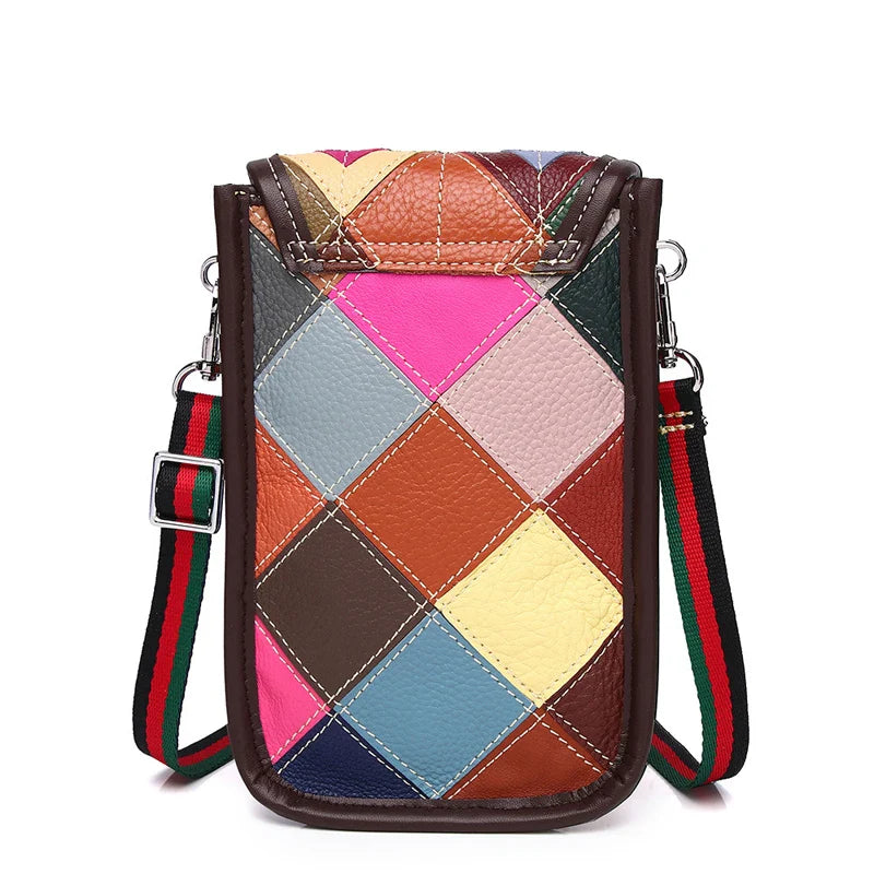 Femlion Cow Leather Patchwork Crossbody Bag Genuine Leather Women's Phone Shoulder Bag