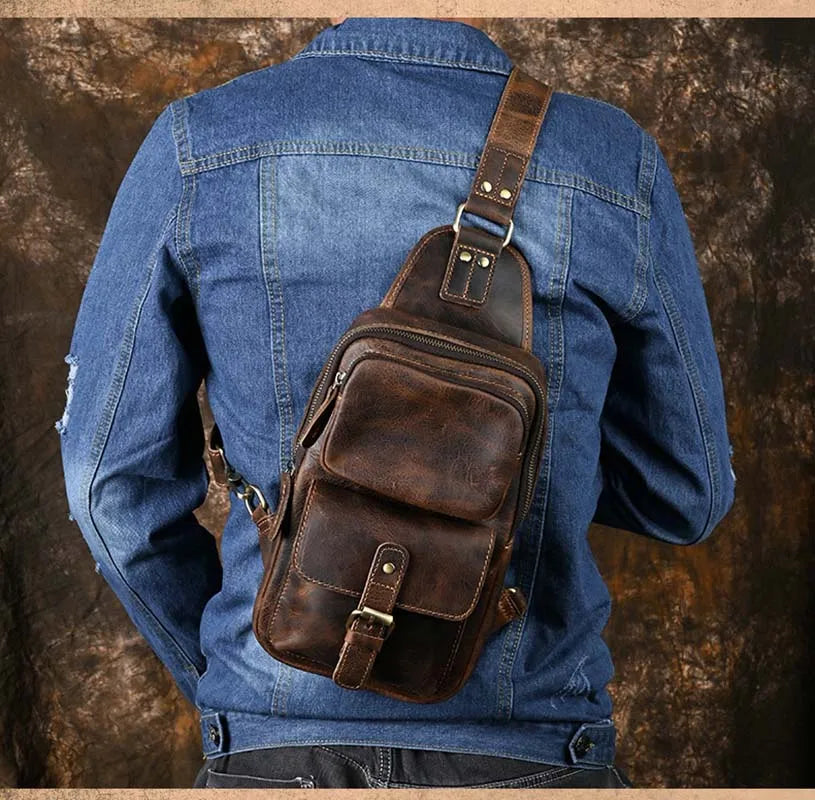 Femlion Leather Chest Bag: Big Capacity Crossbody Sling for Men - Genuine Leather