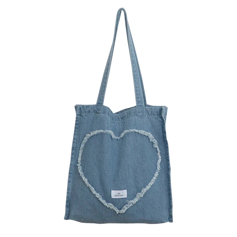 Femlion Love Heart Denim Shoulder Bag Large Shopping Tote Canvas Purse