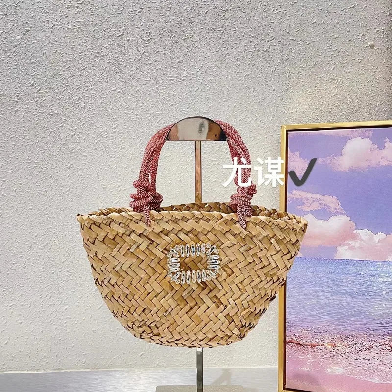 Femlion Handmade Woven Grass Beach Bag with Diamond Shining for Summer Travel