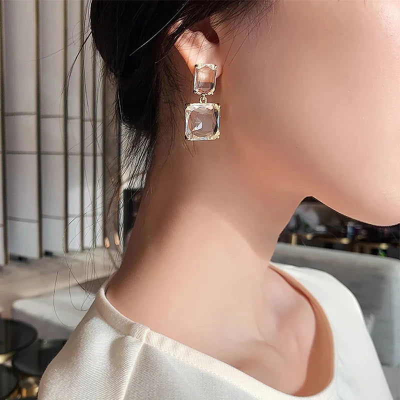 Femlion Geometric Square Crystal Pendant Earrings: Trendy Korea Jewelry for Women