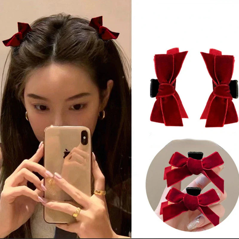 Femlion Princess Velvet Bow Hair Clips Set for Girls & Women in Red Bow