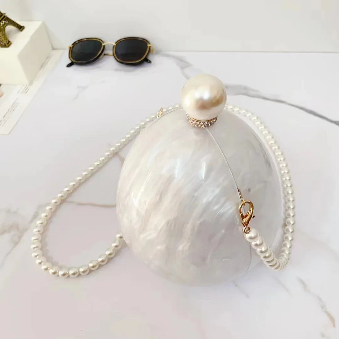 Femlion White Acrylic Egg Purse with Pearl Chain - Stylish Shoulder Handbag for Women