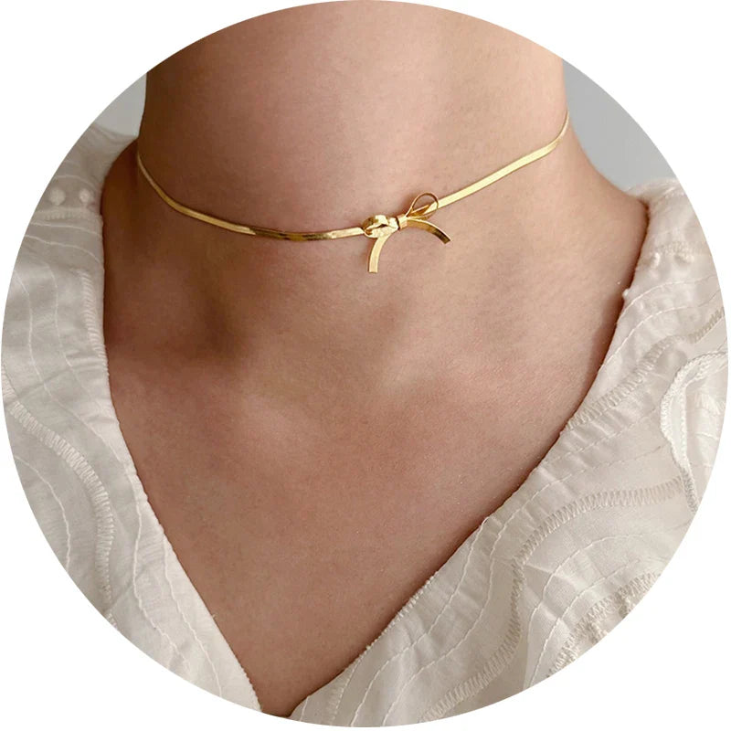 Femlion Minimalist Knot Bow Choker in 18k Gold Plated Stainless Steel