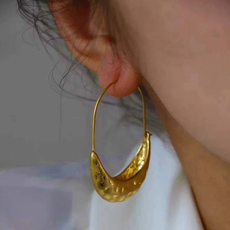 Femlion Glam Crescent Hoop Earrings: Golden Plated Stainless Steel Textured Thick Hoops