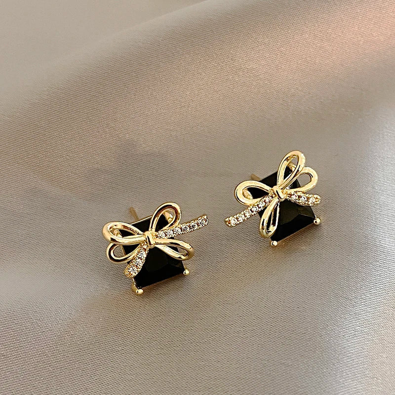 Femlion Black Square Gold Bowknot Zircon Earrings - 2023 Fashion Jewelry