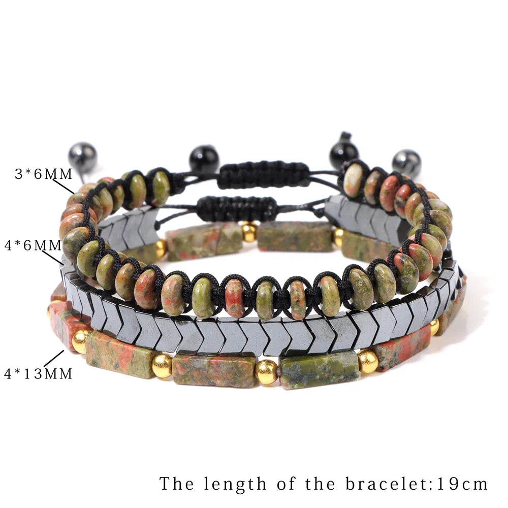 Femlion Hematite & Unakite Bead Bracelet Set for Men and Women