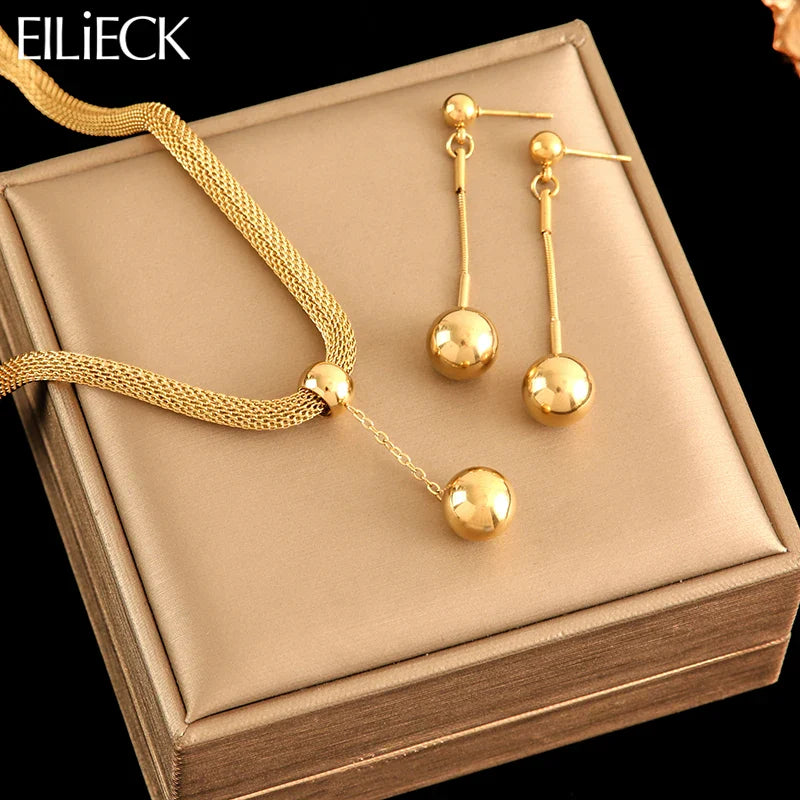 Femlion 18K Gold Plated Bead Pendant Necklace Earrings Set