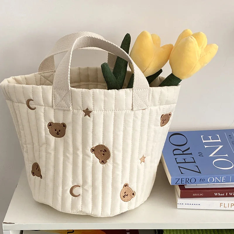 Femlion Bear Embroidery Lunch Bag: Quilted Design, Canvas, Organizer, Small Tote