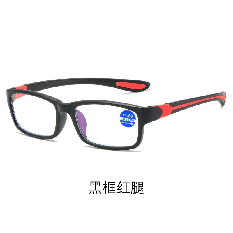 Femlion Anti-blue Light Reading Glasses Black Red TR90 Frame +100 to +400 Gradual prescription