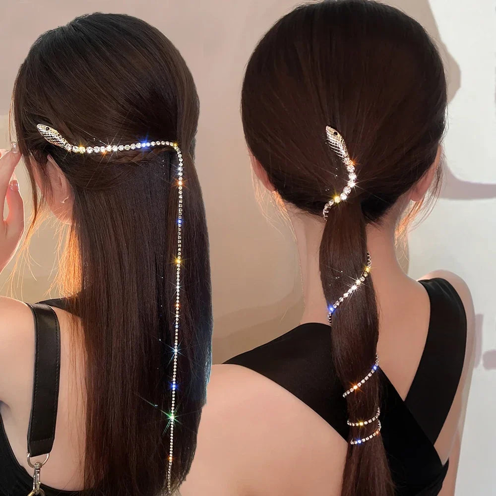 Femlion Snake Chain Tassel Hairpin with Rhinestones - Wedding Hair Jewelry