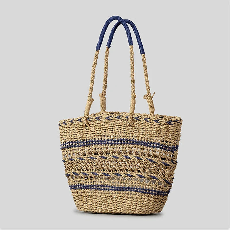 Femlion Striped Straw Basket Bag Handmade Designer Tote for Women