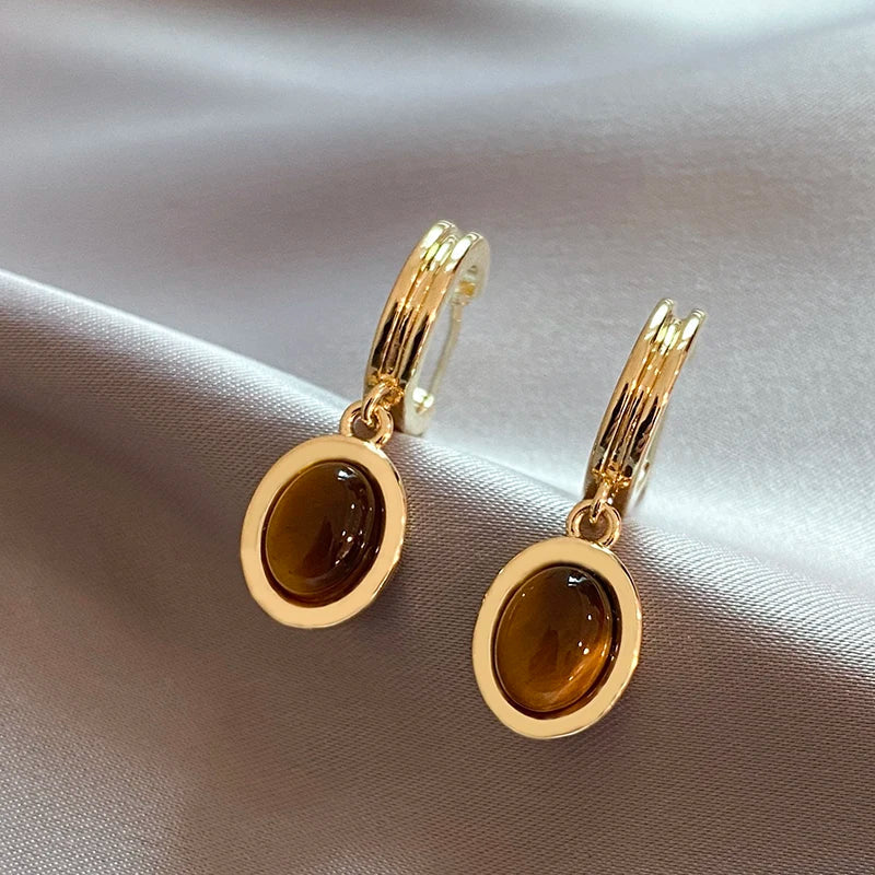 Femlion Oval Tiger Eye Stone Gold Earrings - Vintage Luxury Women's Jewelry