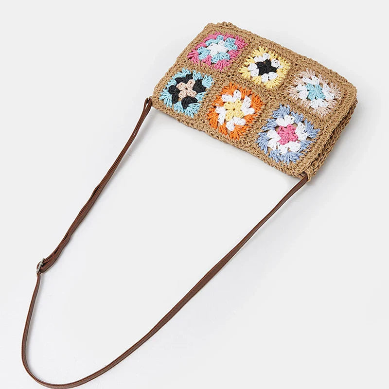 Femlion Boho Granny Square Straw Crossbody Bag: Handmade Summer Beach Purse