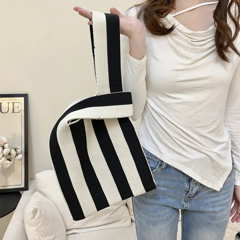 Femlion Striped Knit Fabric Women Handbag: Eco-Friendly Small Tote Purse with Contrast Colors