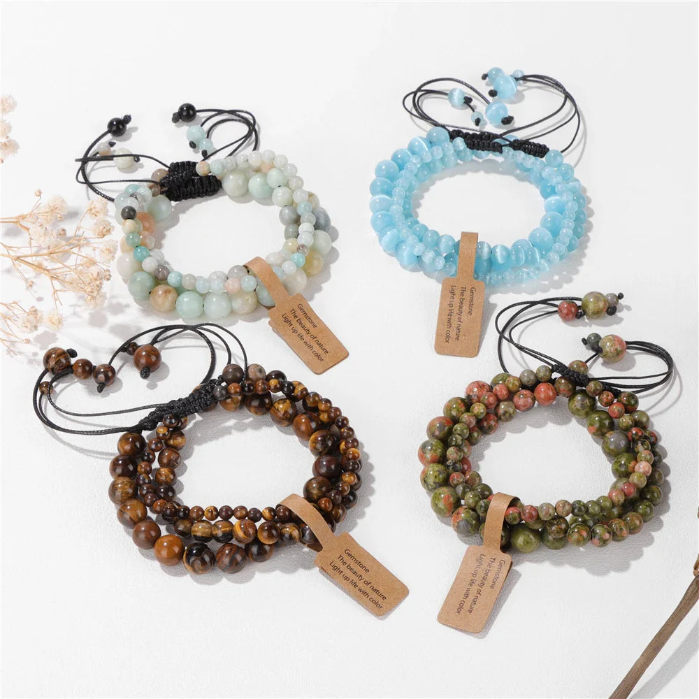 Femlion Amazonite & Tiger Eye Bead Bracelet Set for Fashionable Healing