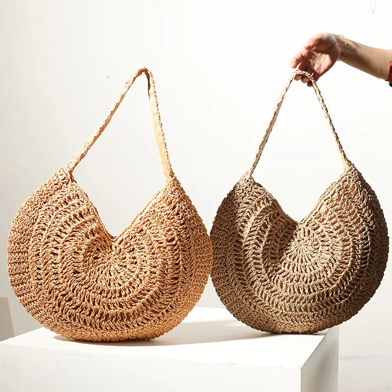 Femlion Straw Woven Round Beach Bag for Summer Vacation and High Capacity