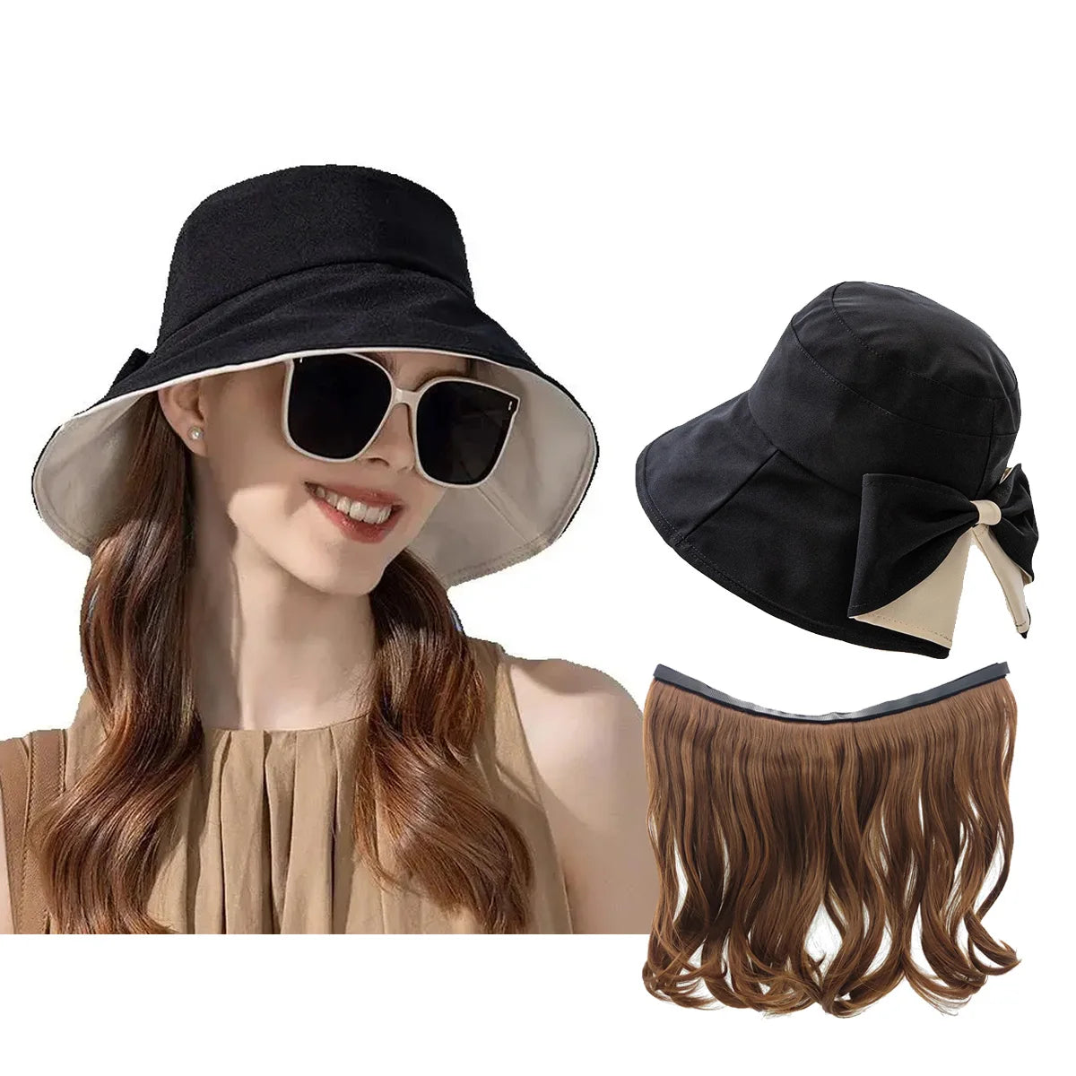 Femlion Long Wavy Blonde Wig Hat with Large Brim for Women