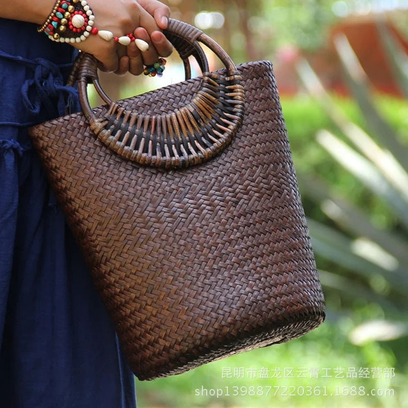 Femlion Rattan Bucket Bag - Vintage Handbag & Straw Purse