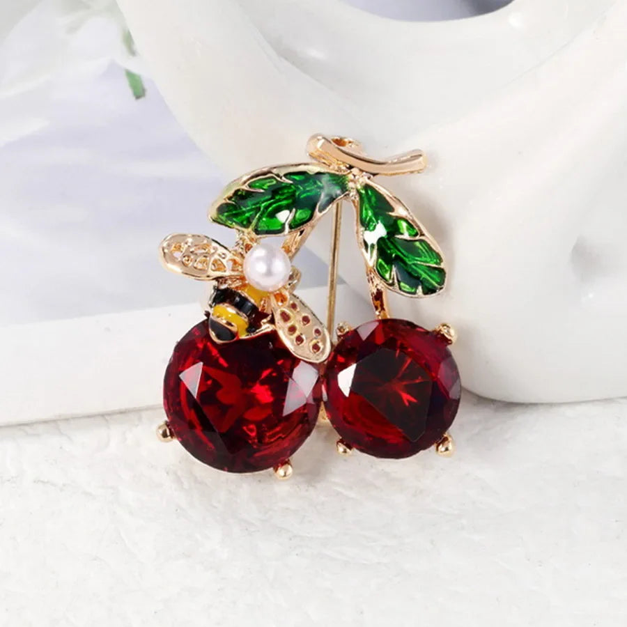 Femlion Red Enamel Leaf Brooch with Crystal Pearl Bee Fruits for Women