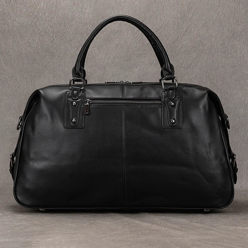 Femlion Black Leather Travel Duffle Bag 50cm