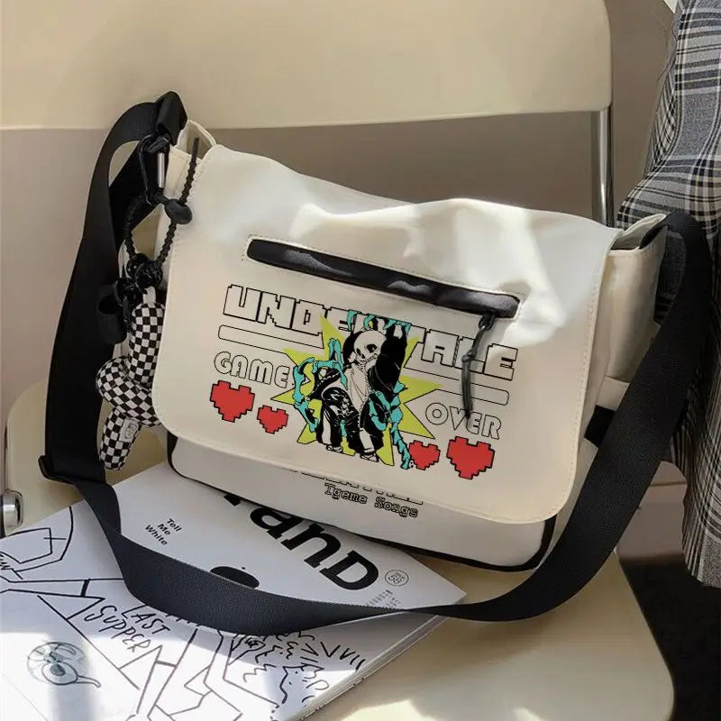 Femlion Anime Undertale Sans Skull Shoulder Bag Black White Crossbody with Front Zipper