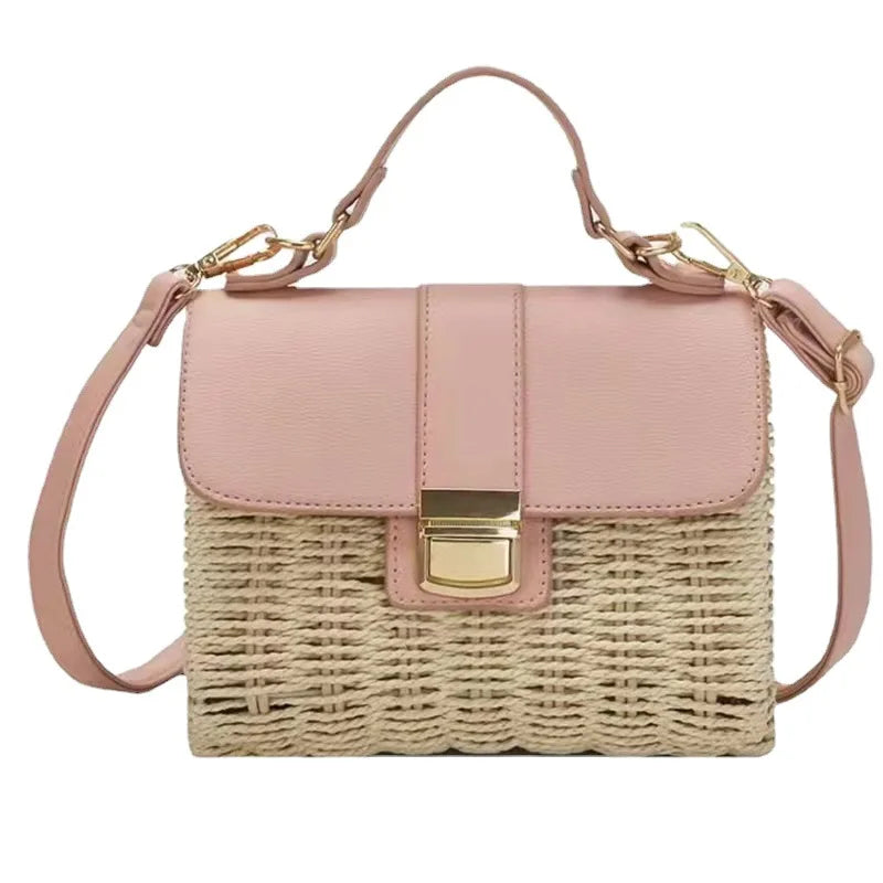 Femlion Bamboo Woven Straw Bag Cover Chain Square Beach Fashion Bag