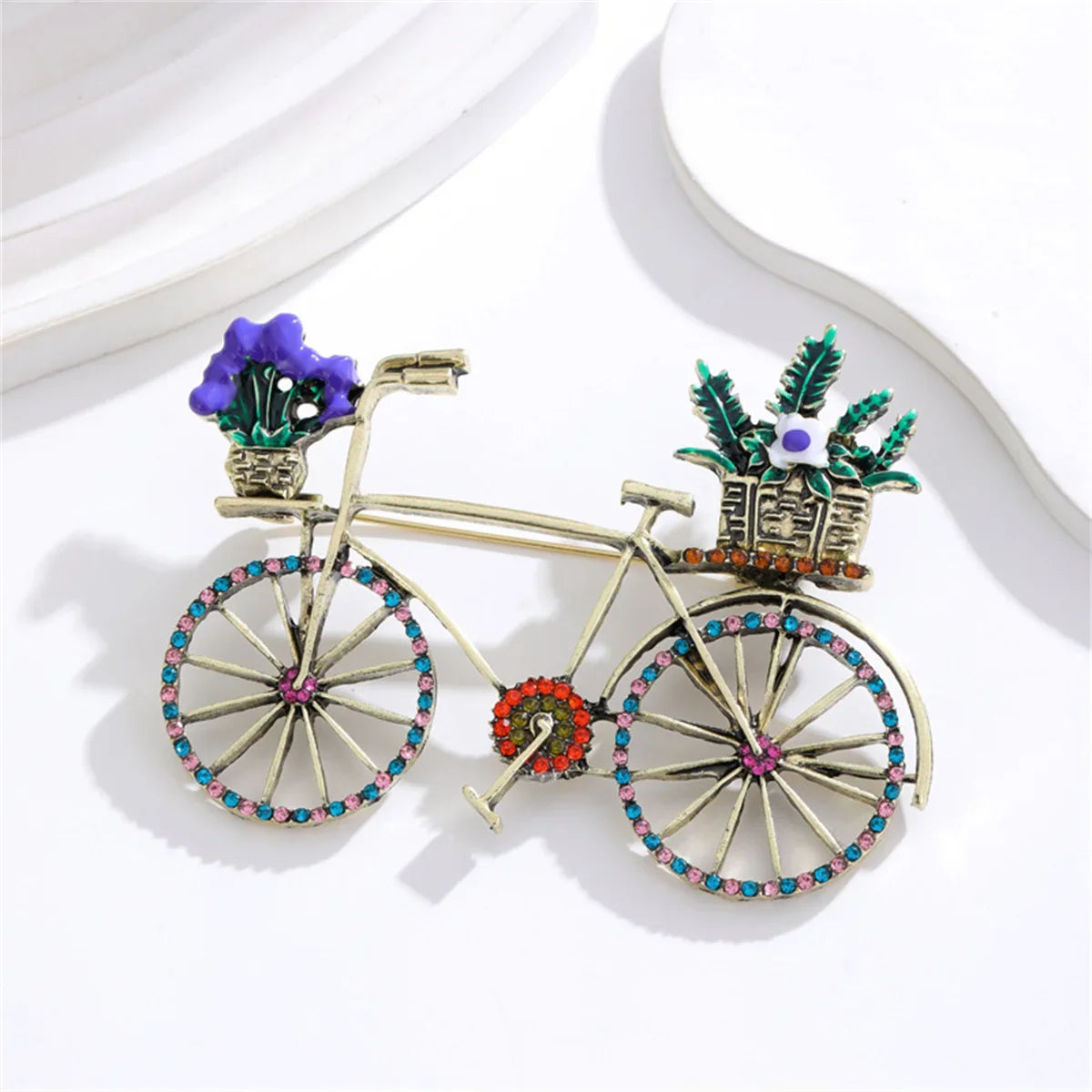 Femlion Rhinestone Bicycle Brooch for Women, Vintage Flower Basket Bike Pin