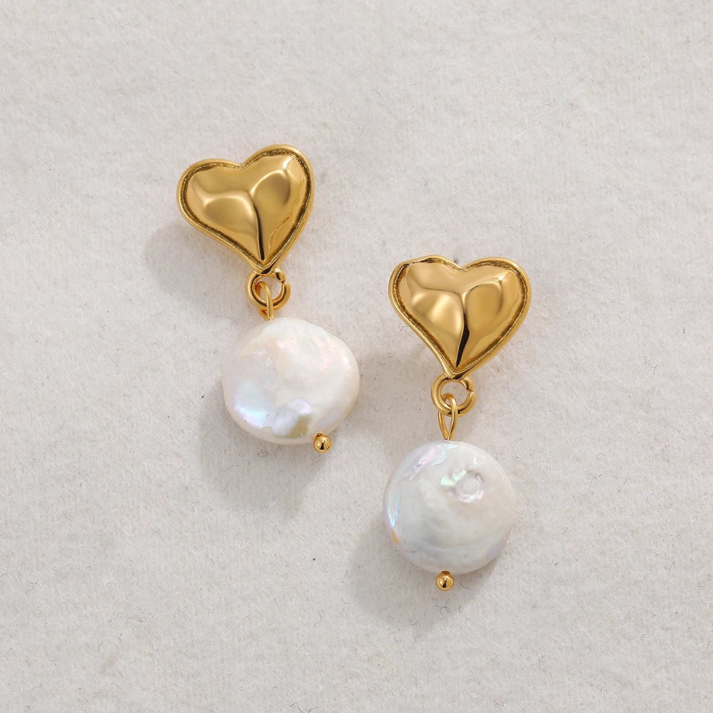 Femlion Gold Plated Heart Studs with Pearl Drop - Elegant Stainless Steel Earrings