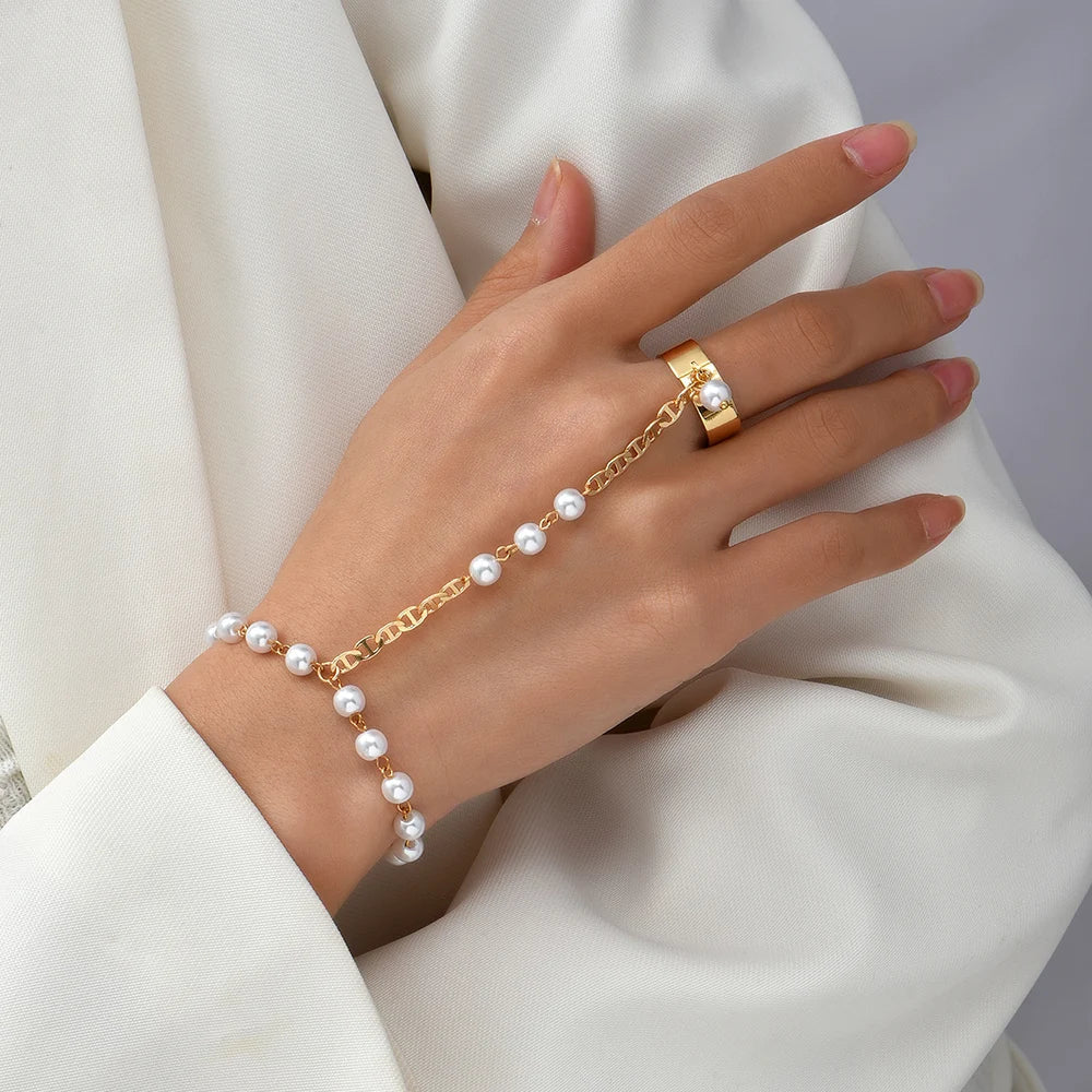 Femlion Pearl Hand Harness Bracelet Ring Jewelry Set Women's Wide Chain Bangle