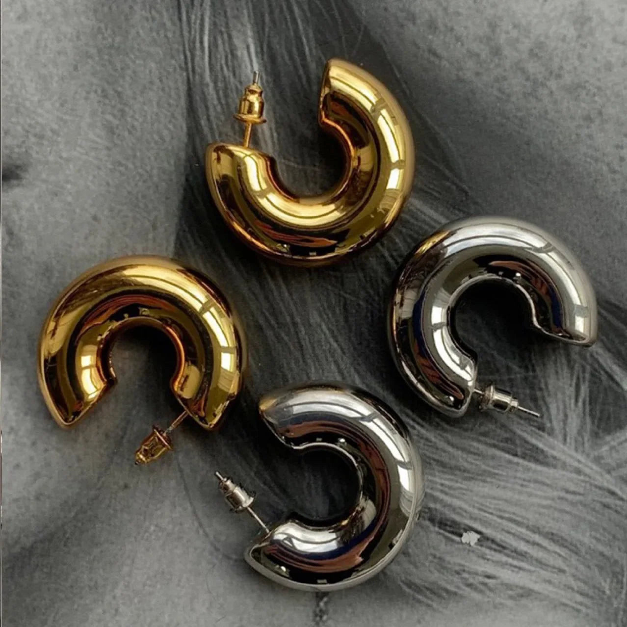Femlion Gold Plated Chunky Hoop Earrings - Glossy Stainless Steel Jewelry