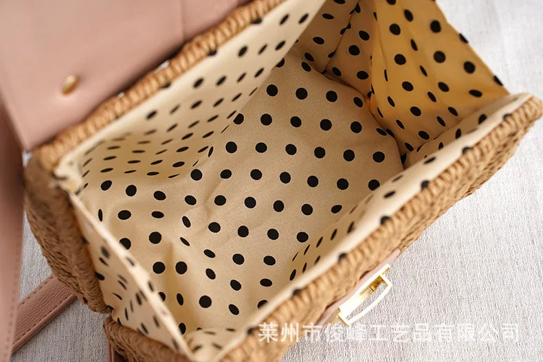 Femlion Bamboo Woven Straw Bag Cover Chain Square Beach Fashion Bag