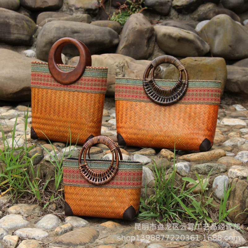 Femlion Bamboo Beach Handbag: Chinese Vintage Woven Tote & Tea Set Storage Bag