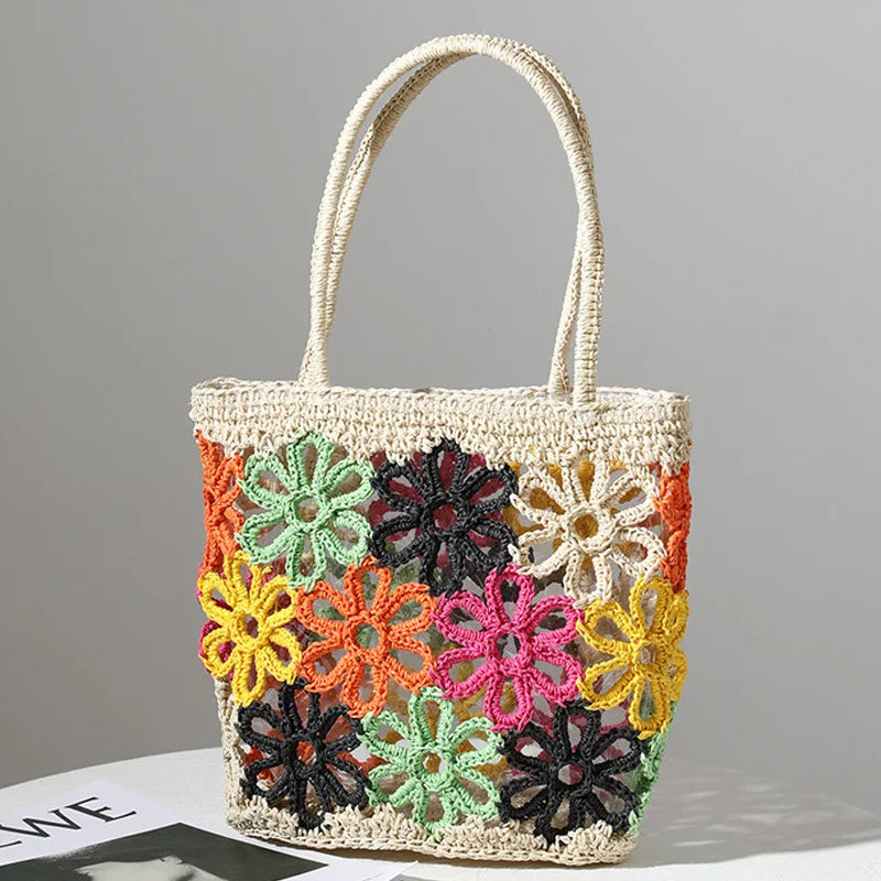 Femlion Hollow Flowers Straw Hand-Woven Beach Bag.