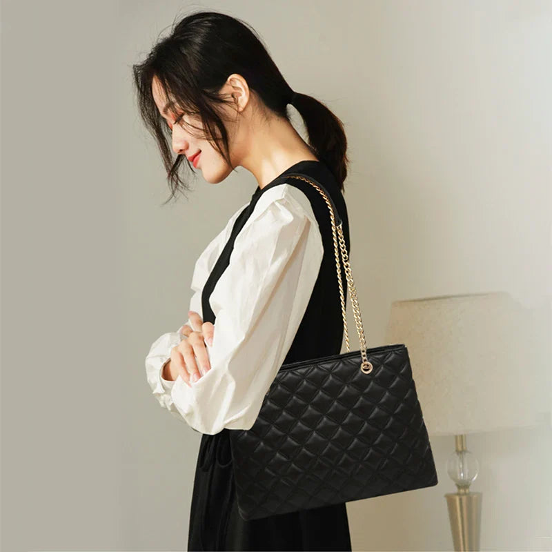 Femlion Chain Shoulder Bag: High Quality PU Leather Plaid Zipper Underarm Bag