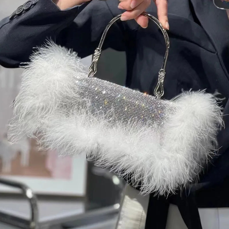 Femlion Glamour Ostrich Feather Diamond Evening Bag for Women