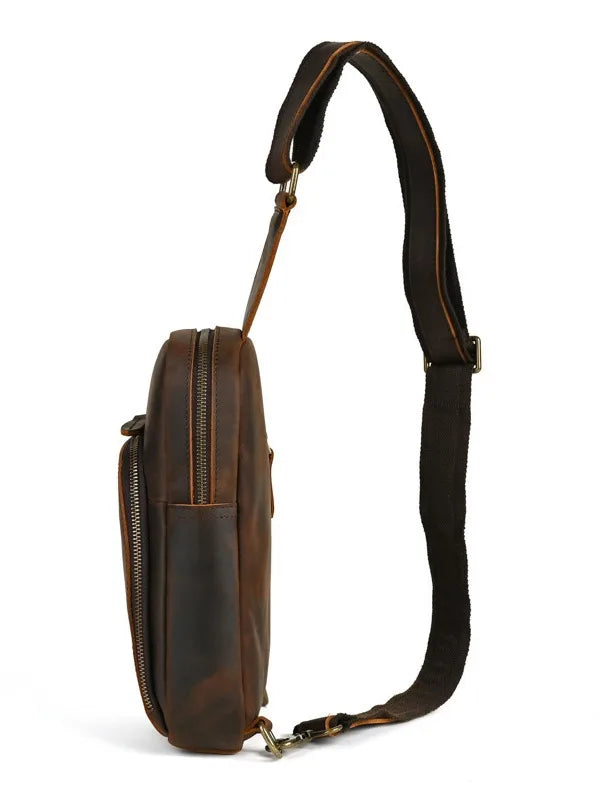 Femlion Retro Leather Chest Bag for Men - Casual Outdoor Crossbody Sling Pack