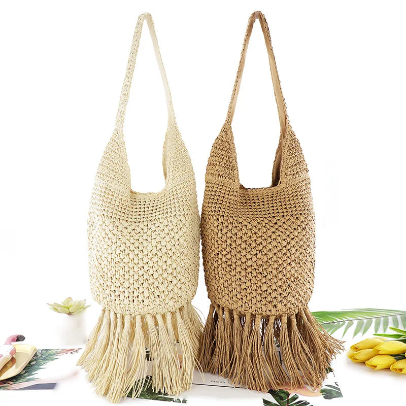 Femlion Pineapple Button Straw Woven Beach Bag - Tassel Head Fashion Shoulder Bag