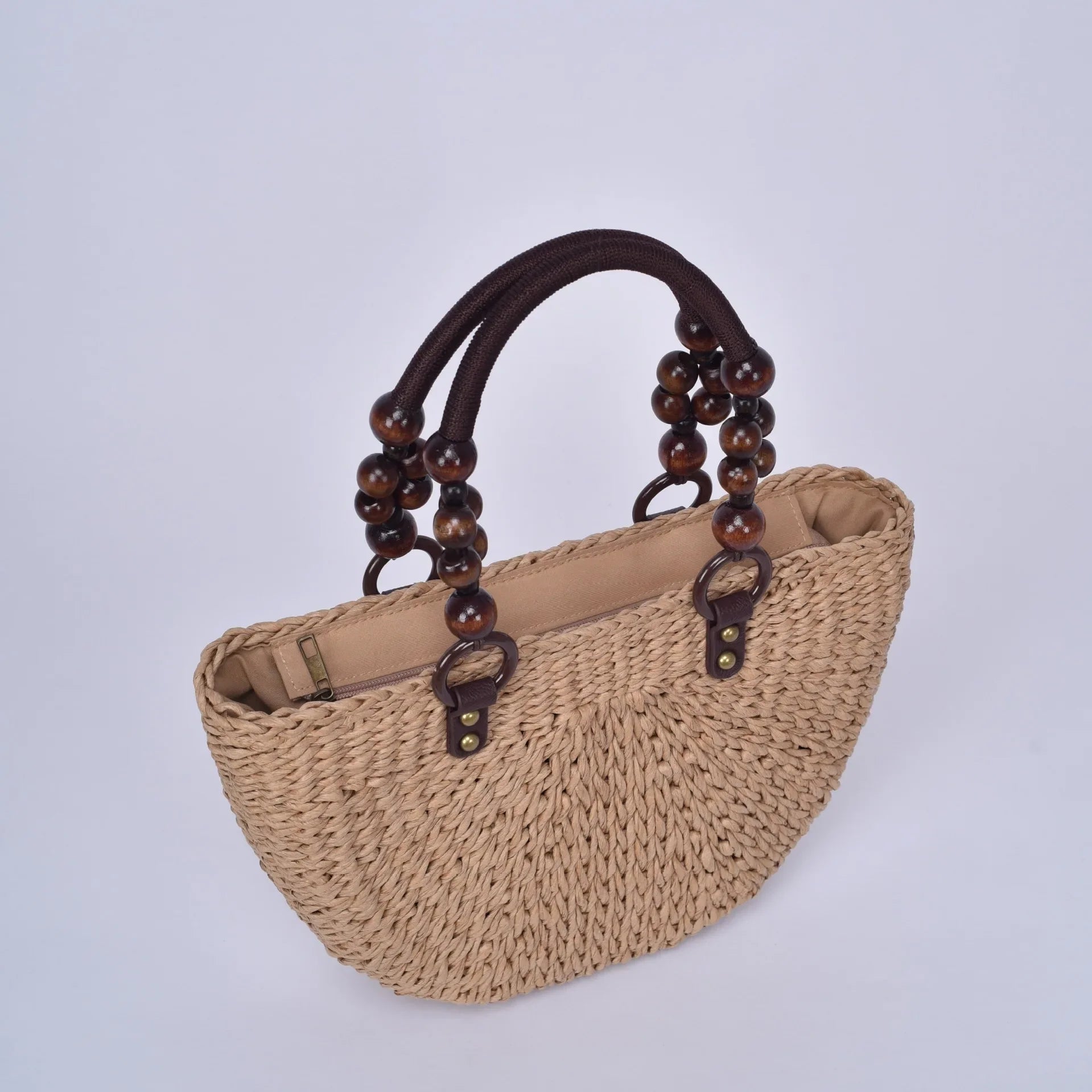 Femlion Handmade Grass Woven Wood Bead Tote Bag