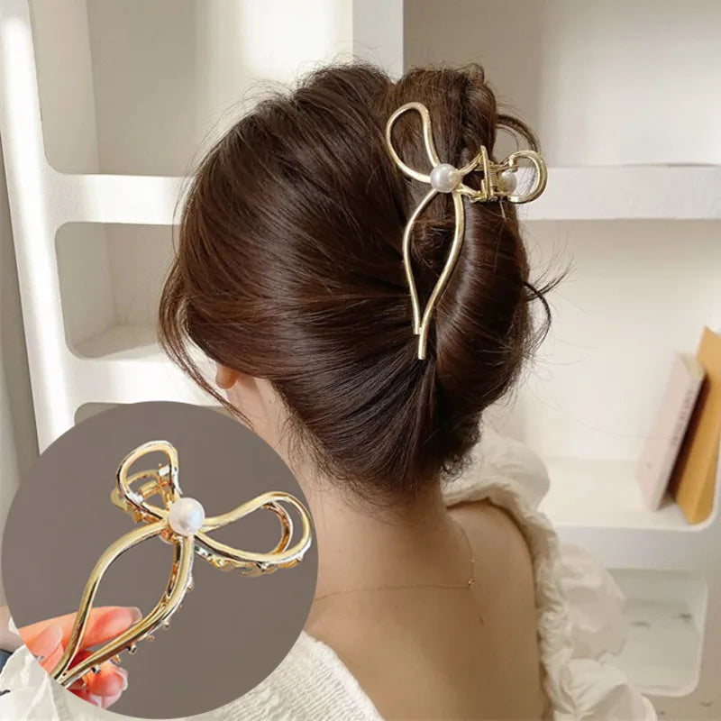 Femlion Metal Pearl Bow Hair Claw Clip - Stylish Hair Accessories for Women