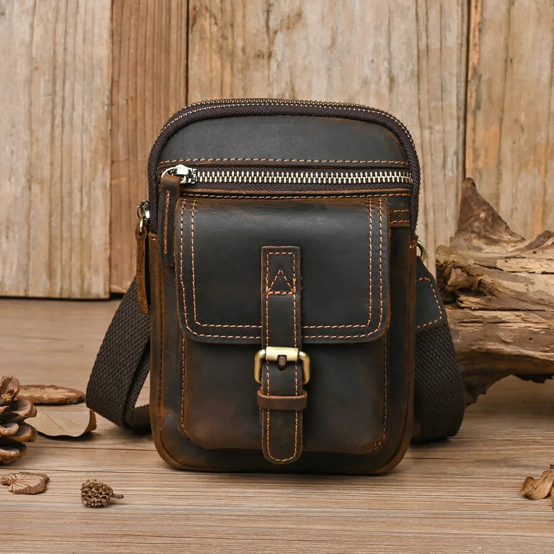 Femlion Men's Leather Waist Bag with Shoulder Strap, Phone Pouch & Belt - Stylish & Functional