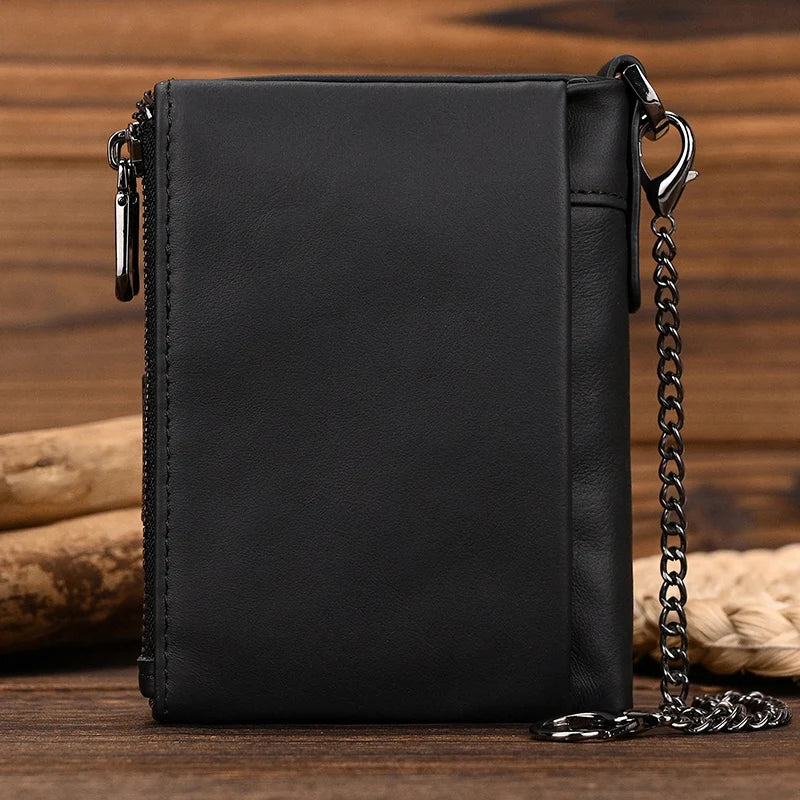 Femlion Luxury Cowskin Wallet with Iron Chain Card Holder for Men and Women